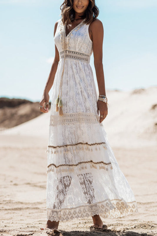 Damcy - Robe longue Boho Kisses avec pompons et dentelle