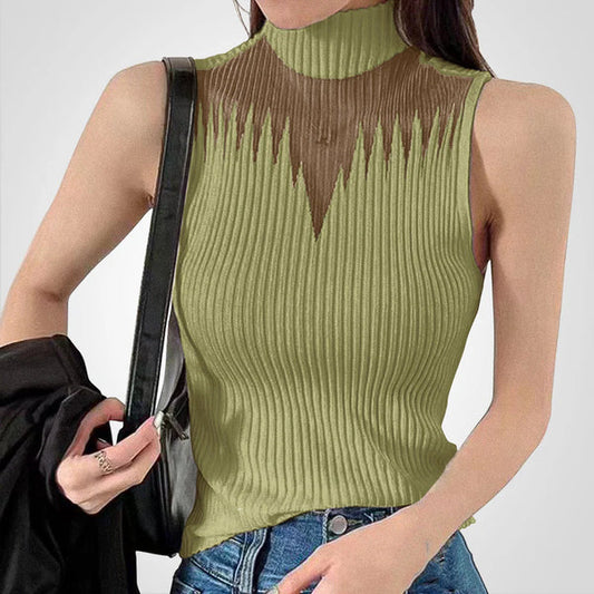 Charlotte - Top crop transparent en maille avec bretelles autour du cou