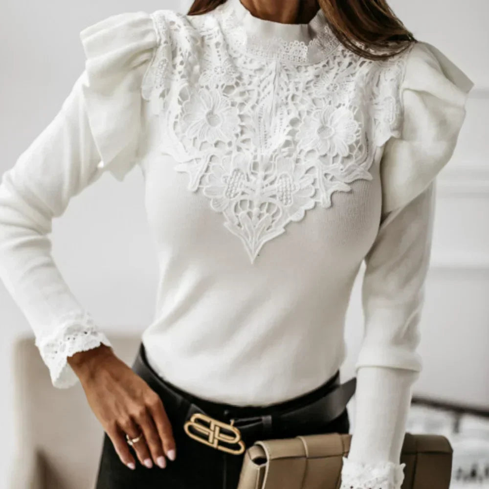 Mina - Pull avec Col, Volants et Détails en Dentelle pour Femmes