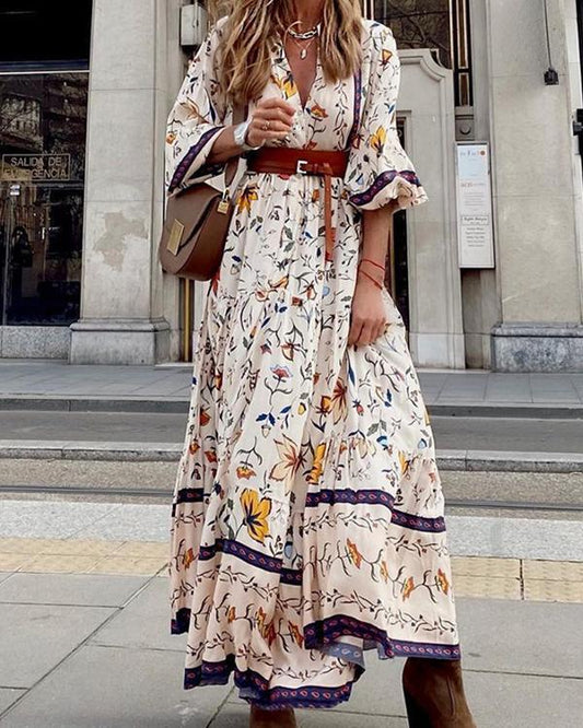 Elizeane - Élégante robe longue de style bohème avec imprimé floral et encolure en pointe