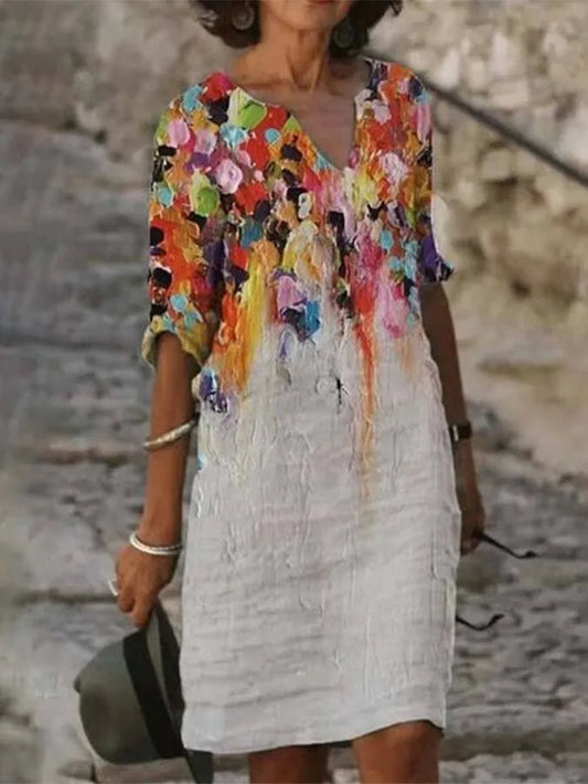 Ella - Robe en coton et lin avec encolure et imprimé huile