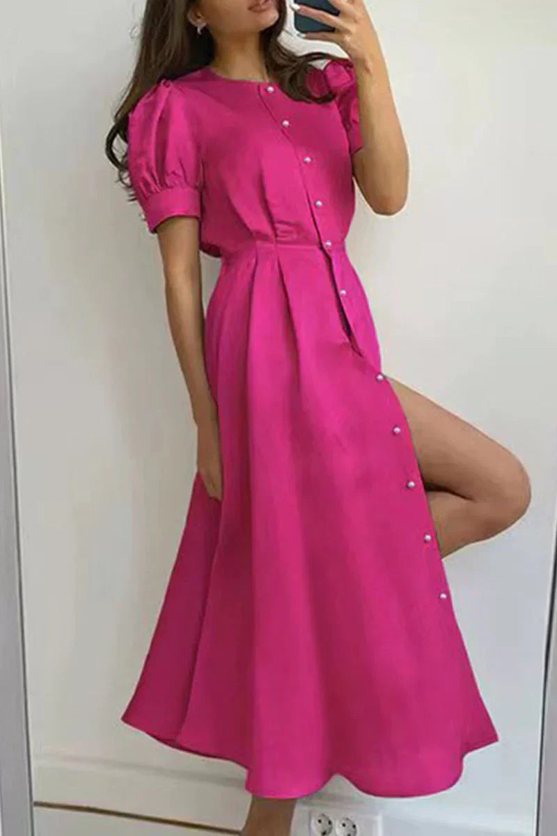 Eudora - Élégante robe a Line à col en O avec manches courtes et fermeture à boucle