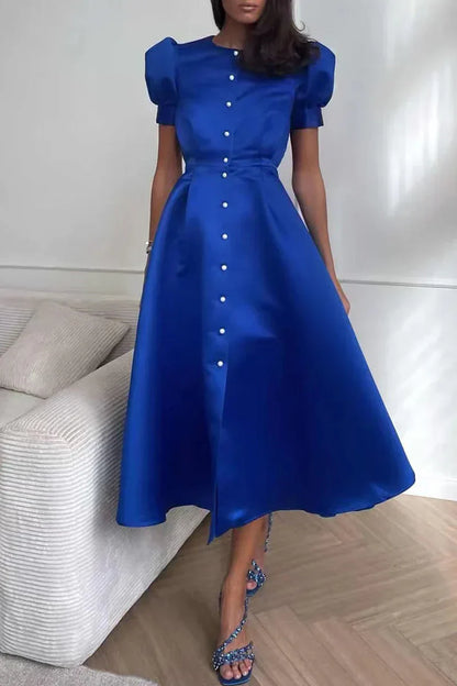 Eudora - Élégante robe a Line à col en O avec manches courtes et fermeture à boucle