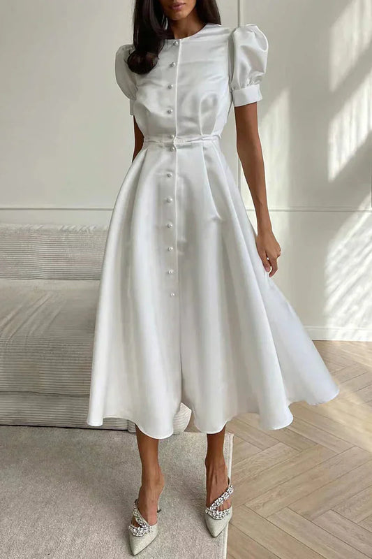 Eudora - Élégante robe a Line à col en O avec manches courtes et fermeture à boucle