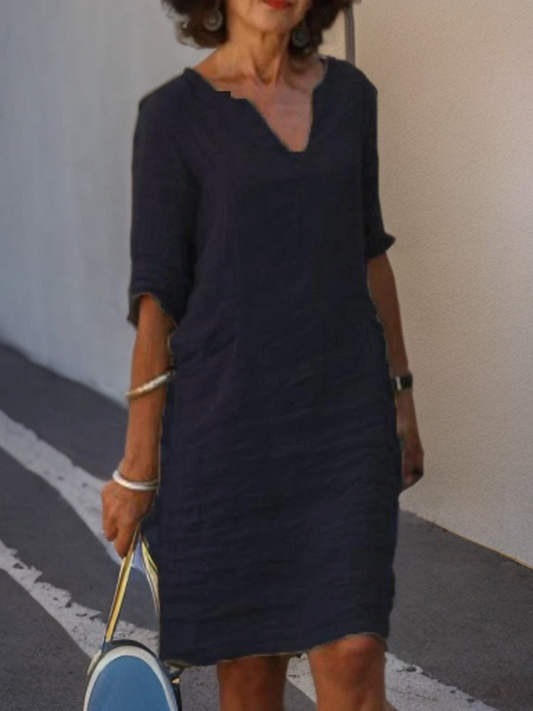Fynn - Robe classique en coton et lin avec encolure en cœur
