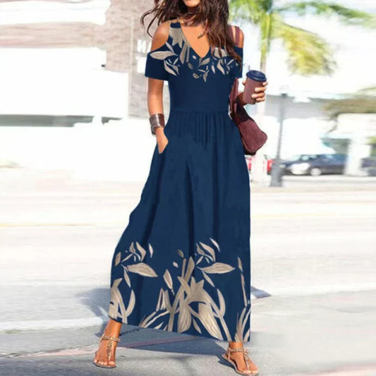 Gina - Robe longue d'été plissée à col en V et à col froid