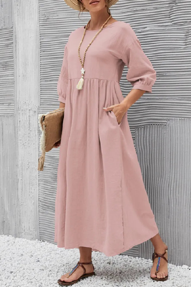 Ginny - Robe décontractée unie avec col en O et ligne A