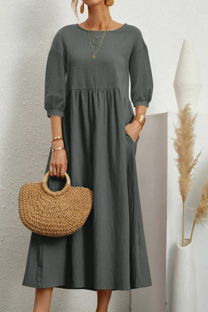 Ginny - Robe décontractée unie avec col en O et ligne A