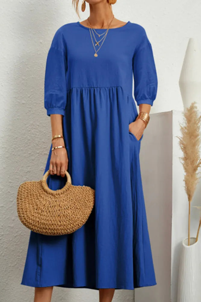 Ginny - Robe décontractée unie avec col en O et ligne A