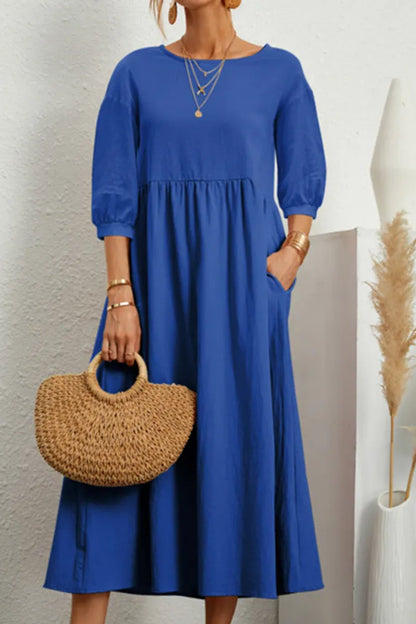 Ginny - Robe décontractée unie avec col en O et ligne A