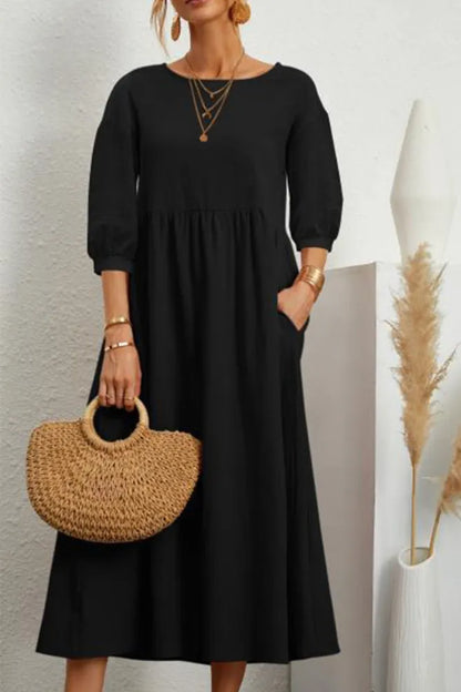 Ginny - Robe décontractée unie avec col en O et ligne A
