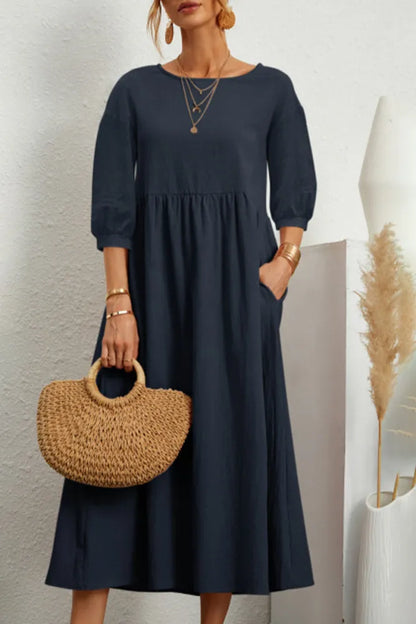 Ginny - Robe décontractée unie avec col en O et ligne A