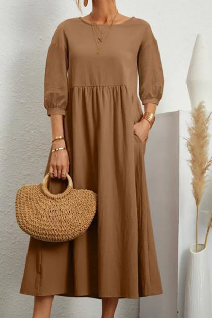 Ginny - Robe décontractée unie avec col en O et ligne A