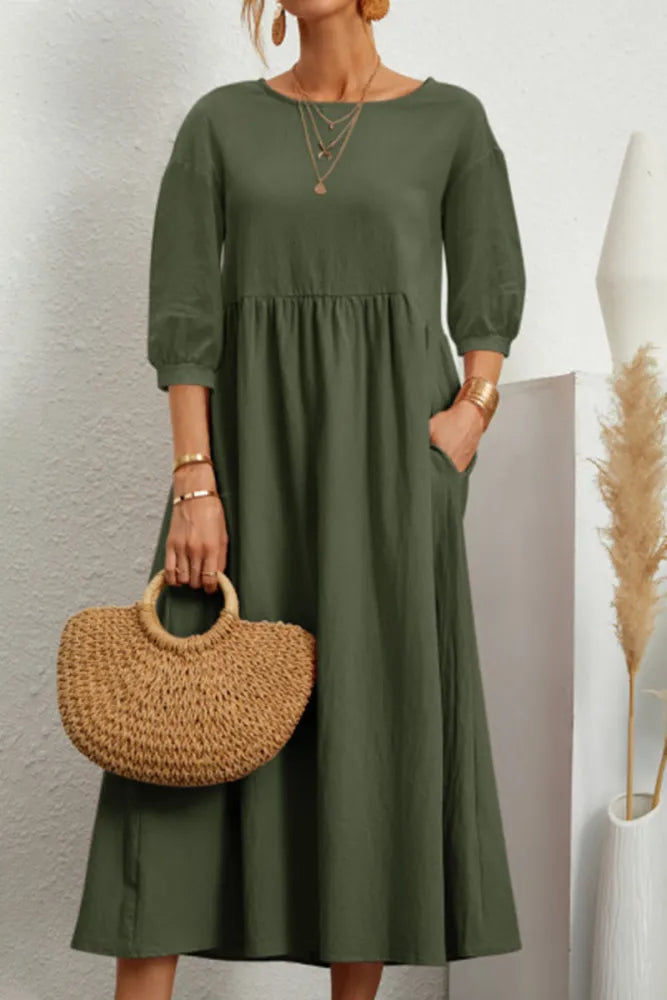 Ginny - Robe décontractée unie avec col en O et ligne A