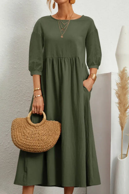 Ginny - Robe décontractée unie avec col en O et ligne A