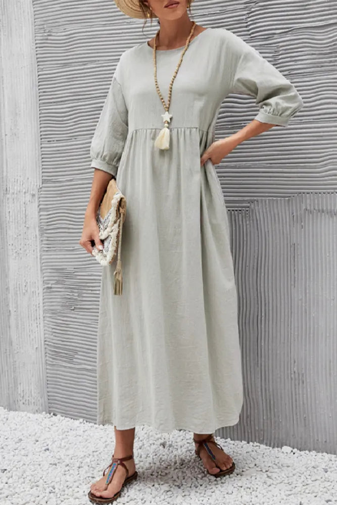 Ginny - Robe décontractée unie avec col en O et ligne A