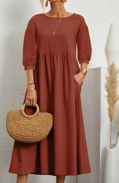 Ginny - Robe décontractée unie avec col en O et ligne A