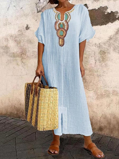 Giulette - Robe décontractée à col en V et manches courtes pour femme, couleur unie