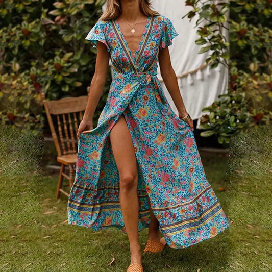 Marie - Élégante robe longue d'été à volants, manches courtes et décolleté en V profond