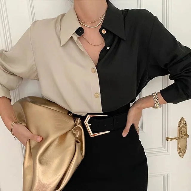 Valina Blouse | Blouse Vintage à manches longues bicolores