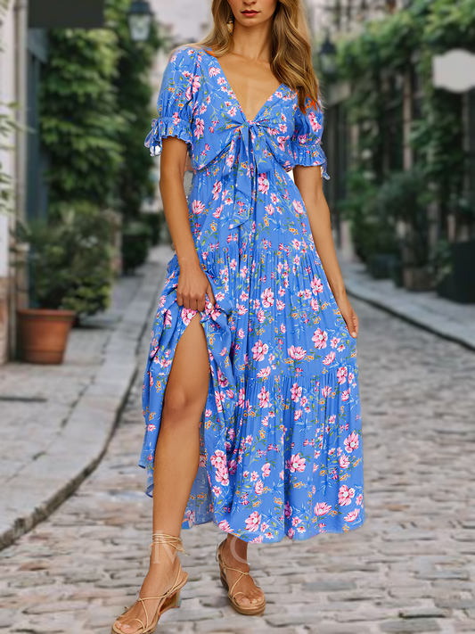 Robe de plage décontractée à imprimé floral, manches courtes et encolure en V fendue