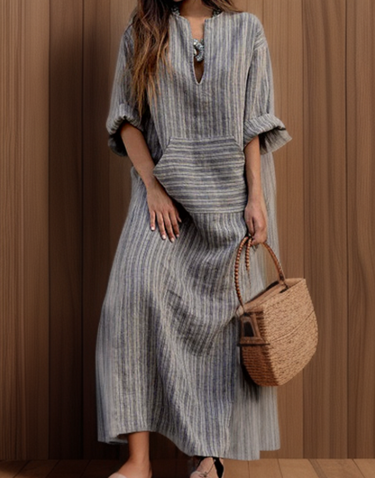 Hailey┃Vintage robe longue avec encolure en rayures.