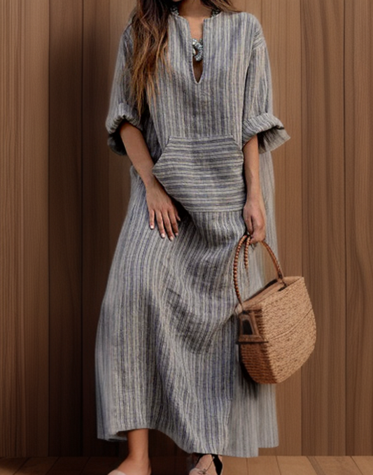 Hailey┃Vintage robe longue avec encolure en rayures.