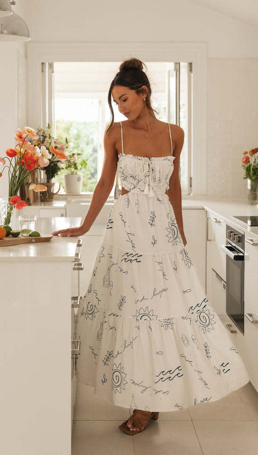 Haven - Robe longue d'été dos nu avec impression de dentelle pour femmes