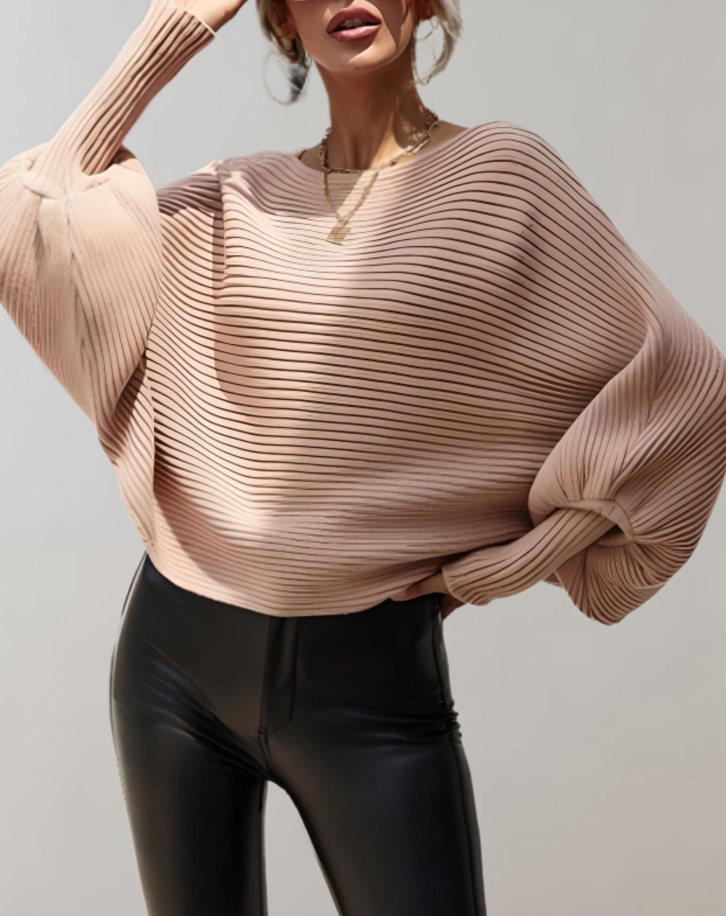 Angel - Pull Ajusté avec Grandes Manches Bouffantes et Design à Côtes Horizontales pour Femmes