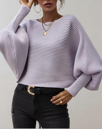 Angel - Pull Ajusté avec Grandes Manches Bouffantes et Design à Côtes Horizontales pour Femmes