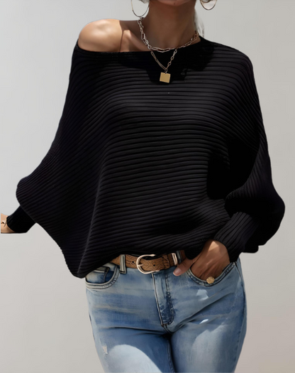 Angel - Pull Ajusté avec Grandes Manches Bouffantes et Design à Côtes Horizontales pour Femmes