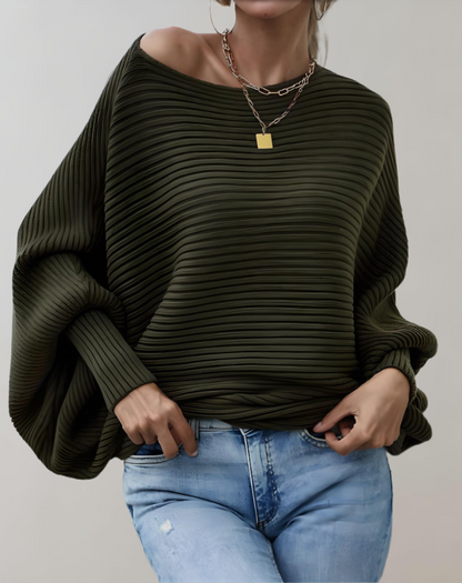 Angel - Pull Ajusté avec Grandes Manches Bouffantes et Design à Côtes Horizontales pour Femmes