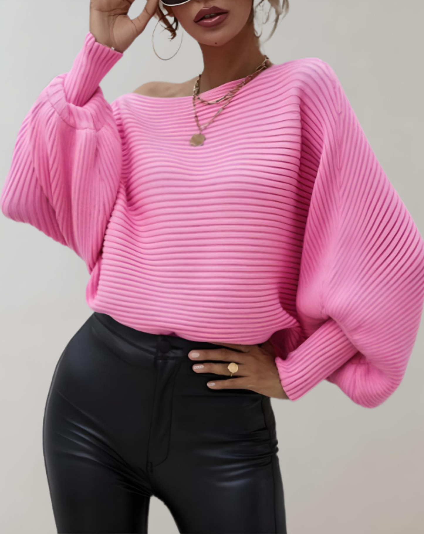 Angel - Pull Ajusté avec Grandes Manches Bouffantes et Design à Côtes Horizontales pour Femmes