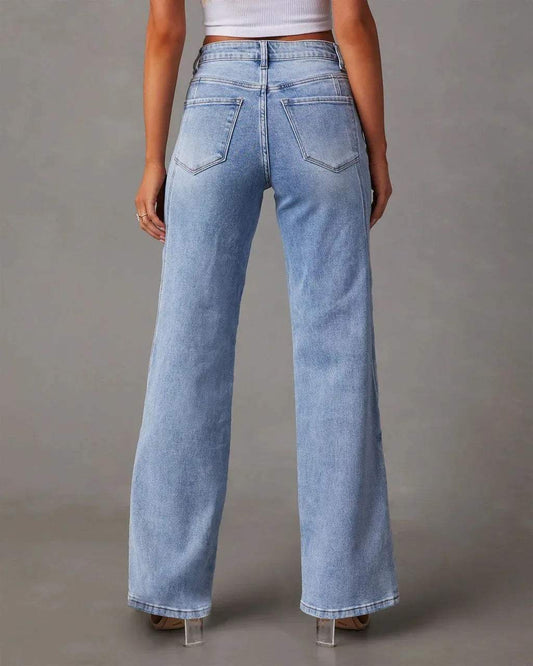 Jeans - taille haute et jambes larges - denim souple - idéal pour la vie de tous les jours.