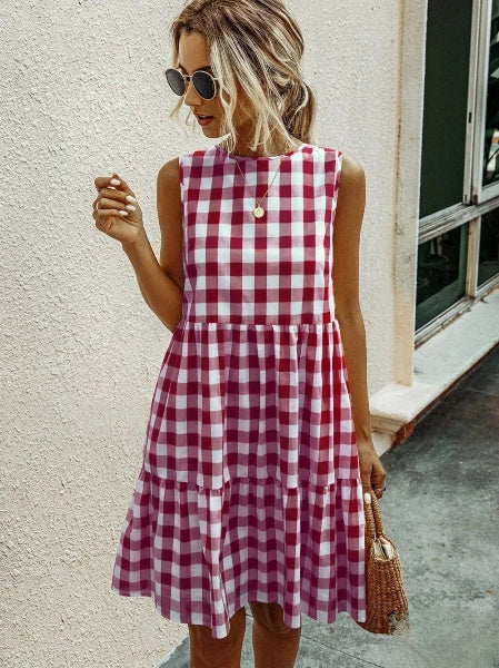 Jhana - Robe ample pour femme avec encolure ronde à la mode et jupe à carreaux pastel
