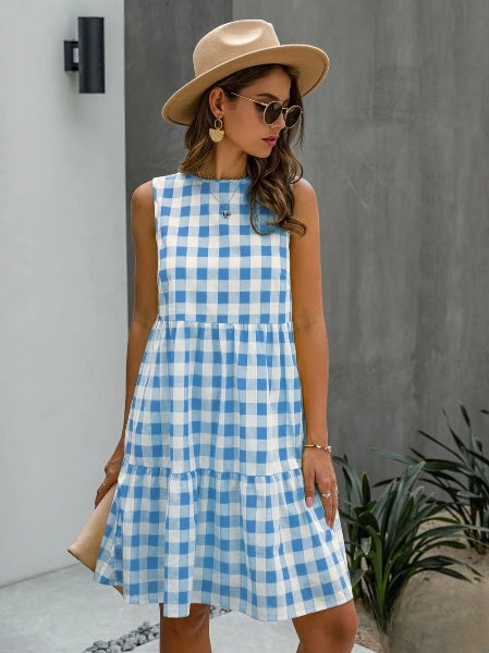 Jhana - Robe ample pour femme avec encolure ronde à la mode et jupe à carreaux pastel