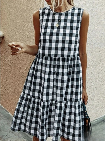 Jhana - Robe ample pour femme avec encolure ronde à la mode et jupe à carreaux pastel