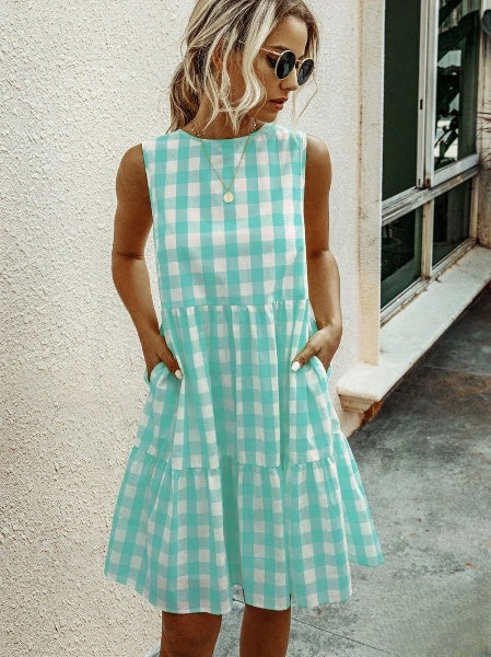 Jhana - Robe ample pour femme avec encolure ronde à la mode et jupe à carreaux pastel
