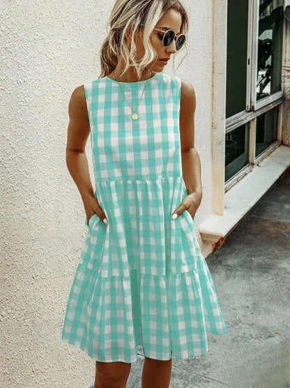 Jhana - Robe ample pour femme avec encolure ronde à la mode et jupe à carreaux pastel