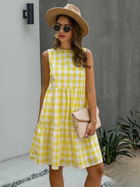 Jhana - Robe ample pour femme avec encolure ronde à la mode et jupe à carreaux pastel