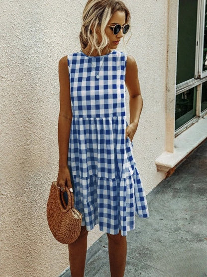 Jhana - Robe ample pour femme avec encolure ronde à la mode et jupe à carreaux pastel