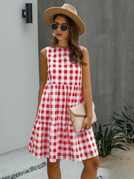 Jhana - Robe ample pour femme avec encolure ronde à la mode et jupe à carreaux pastel