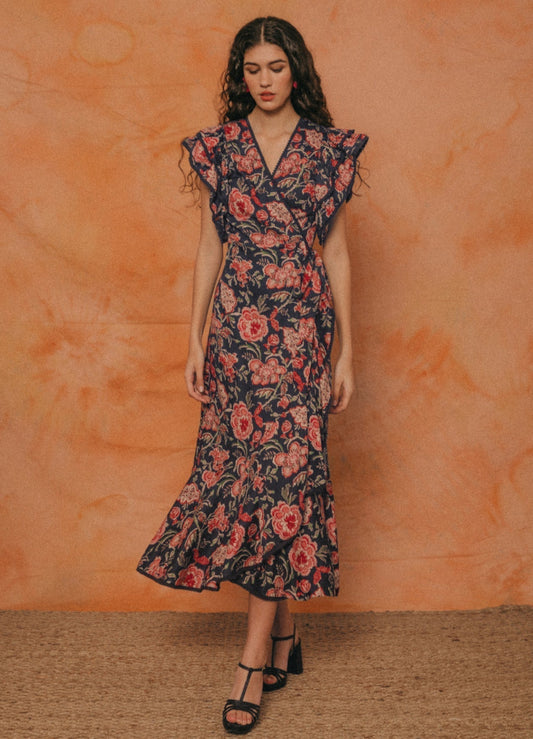 Robe midi stylée à imprimé floral rétro et manches papillon amples