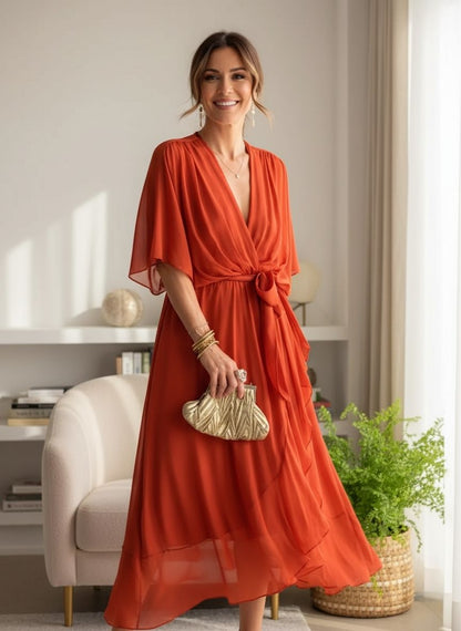 Keira | Robe Femme Élégante en Mousseline de Soie Col V Chic et Fluide
