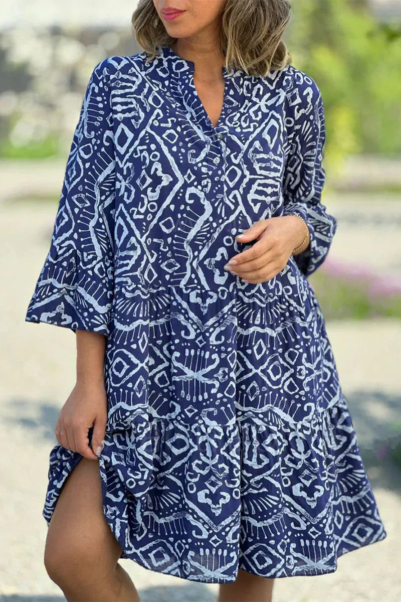 Kelly - Robe décontractée à imprimé géométrique et boutons, col en V, jupe en forme de gâteau
