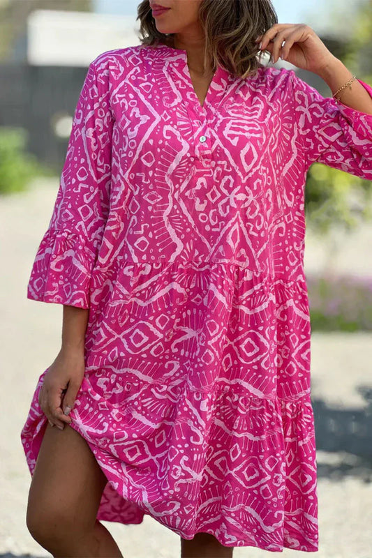 Kelly - Robe décontractée à imprimé géométrique et boutons, col en V, jupe en forme de gâteau