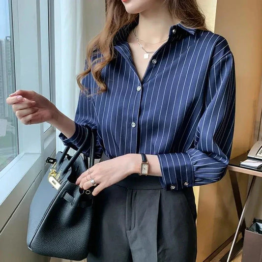 KENDRA | Chemisier cardigan à col polo rayé bleu pour femme