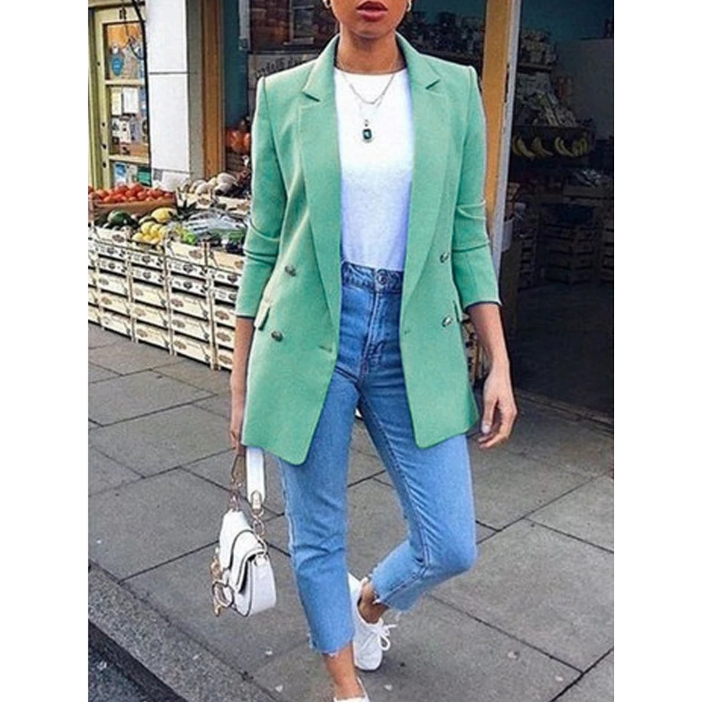 Evelien | Blazer long avec boutons et col pour femme