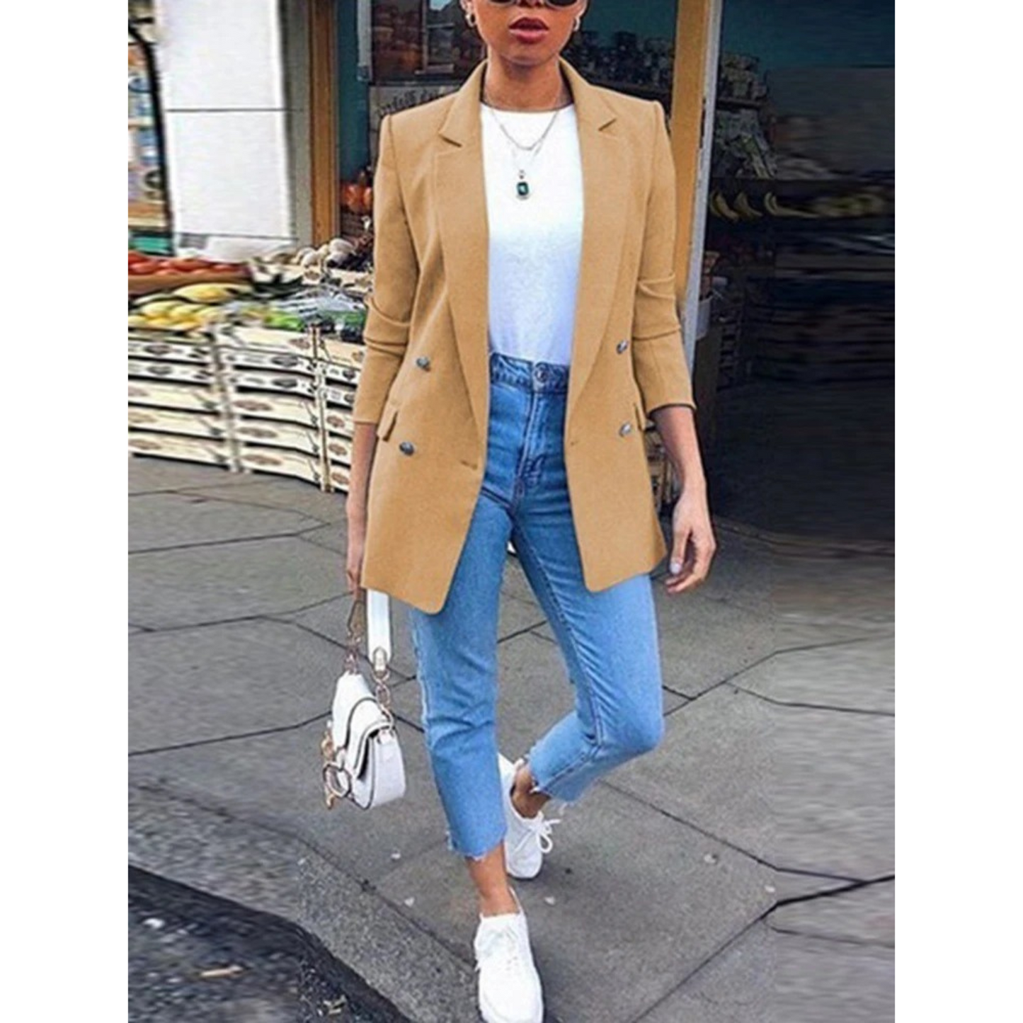 Evelien | Blazer long avec boutons et col pour femme