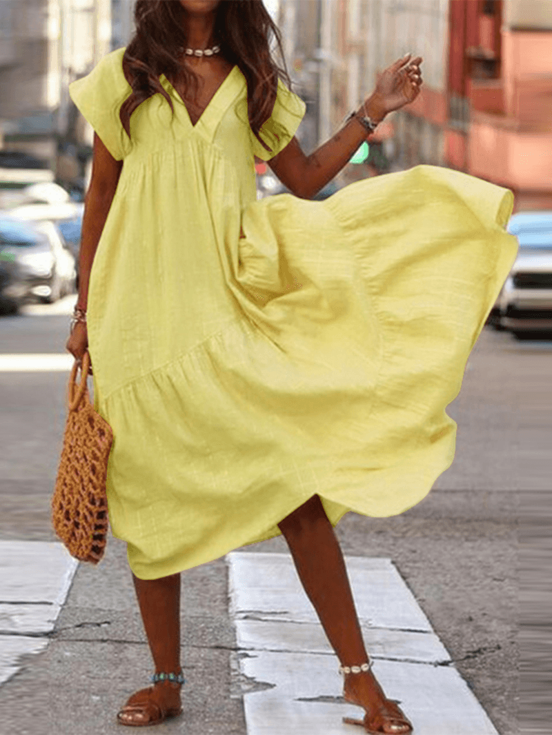 Larni - Robe 100% coton avec col en V et coupe ample